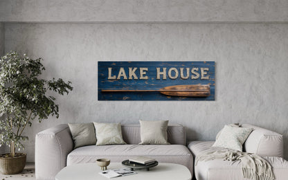 Lake House Sign With Oar Long Horizontal Framed Canvas Wall Art