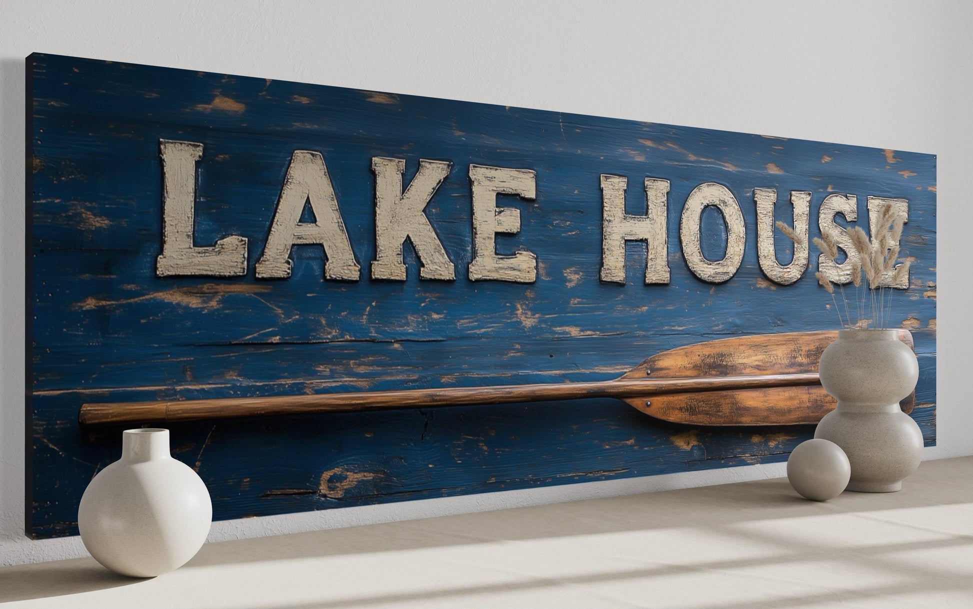 Lake House Sign With Oar Long Horizontal Framed Canvas Wall Art