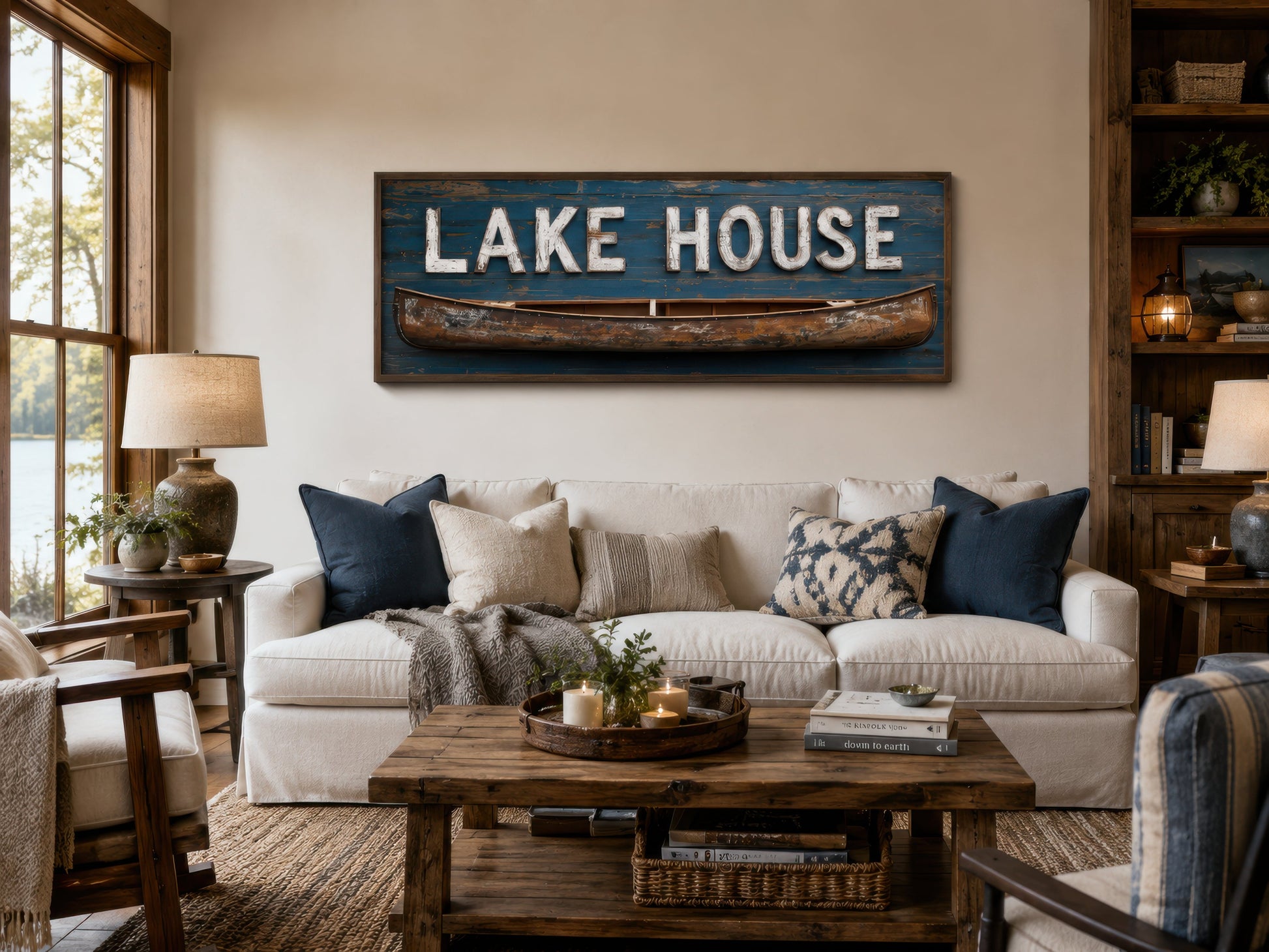 Lake House Sign With Wooden Canoe Long Horizontal Framed Canvas Wall Art