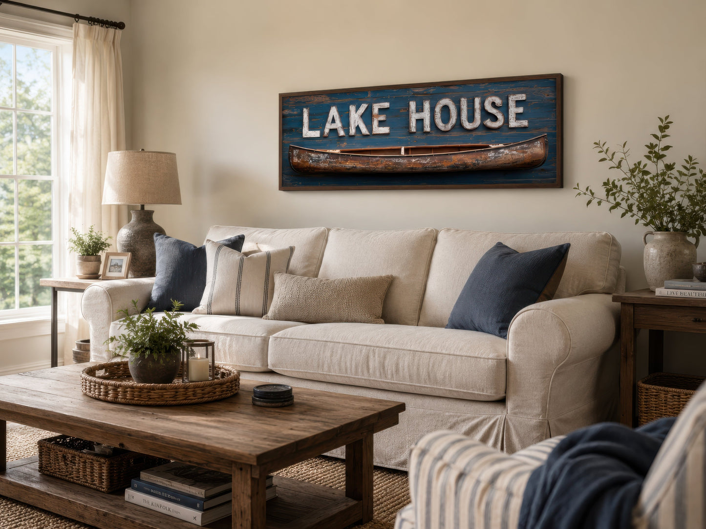 Lake House Sign With Wooden Canoe Long Horizontal Framed Canvas Wall Art