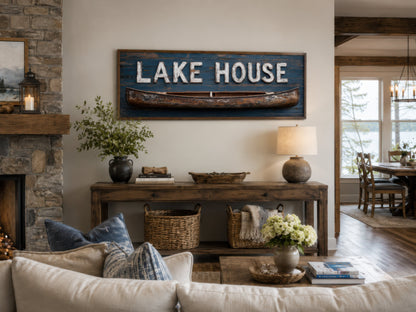 Lake House Sign With Wooden Canoe Long Horizontal Framed Canvas Wall Art
