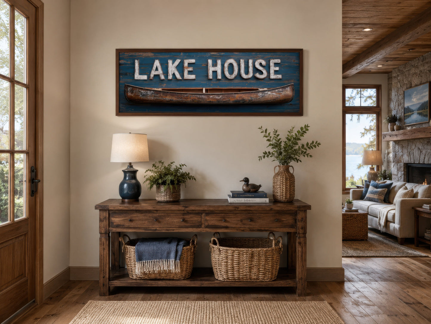 Lake House Sign With Wooden Canoe Long Horizontal Framed Canvas Wall Art