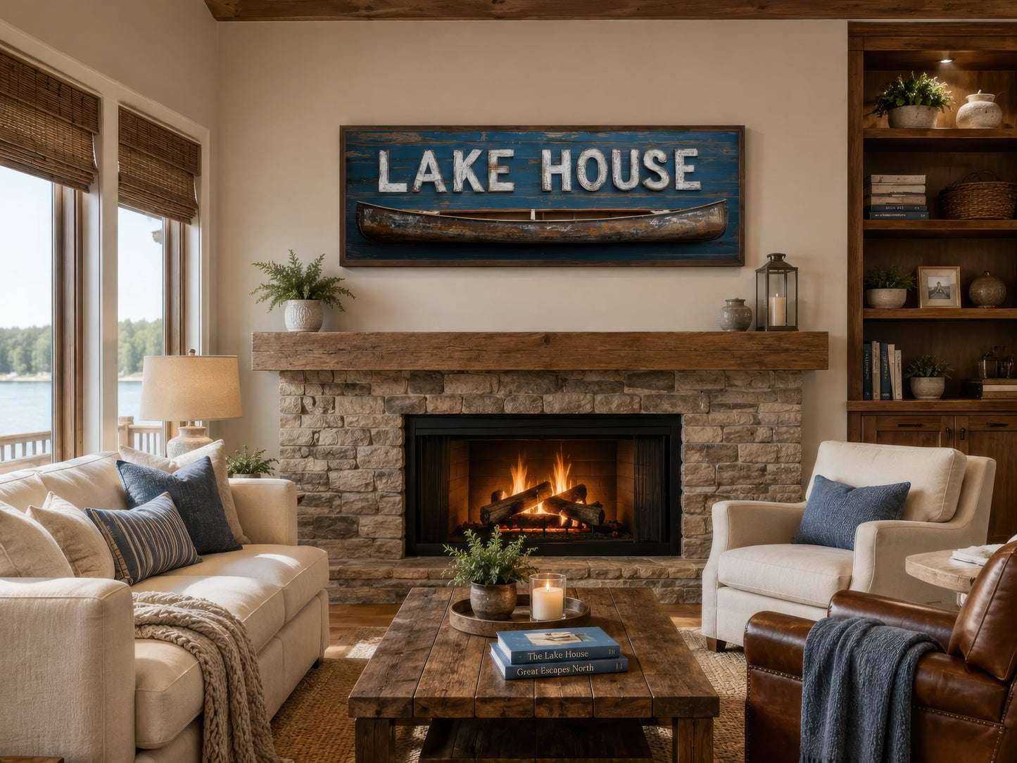 Lake House Sign With Wooden Canoe Long Horizontal Framed Canvas Wall Art