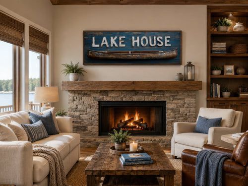 Lake House Sign With Wooden Canoe Long Horizontal Framed Canvas Wall Art