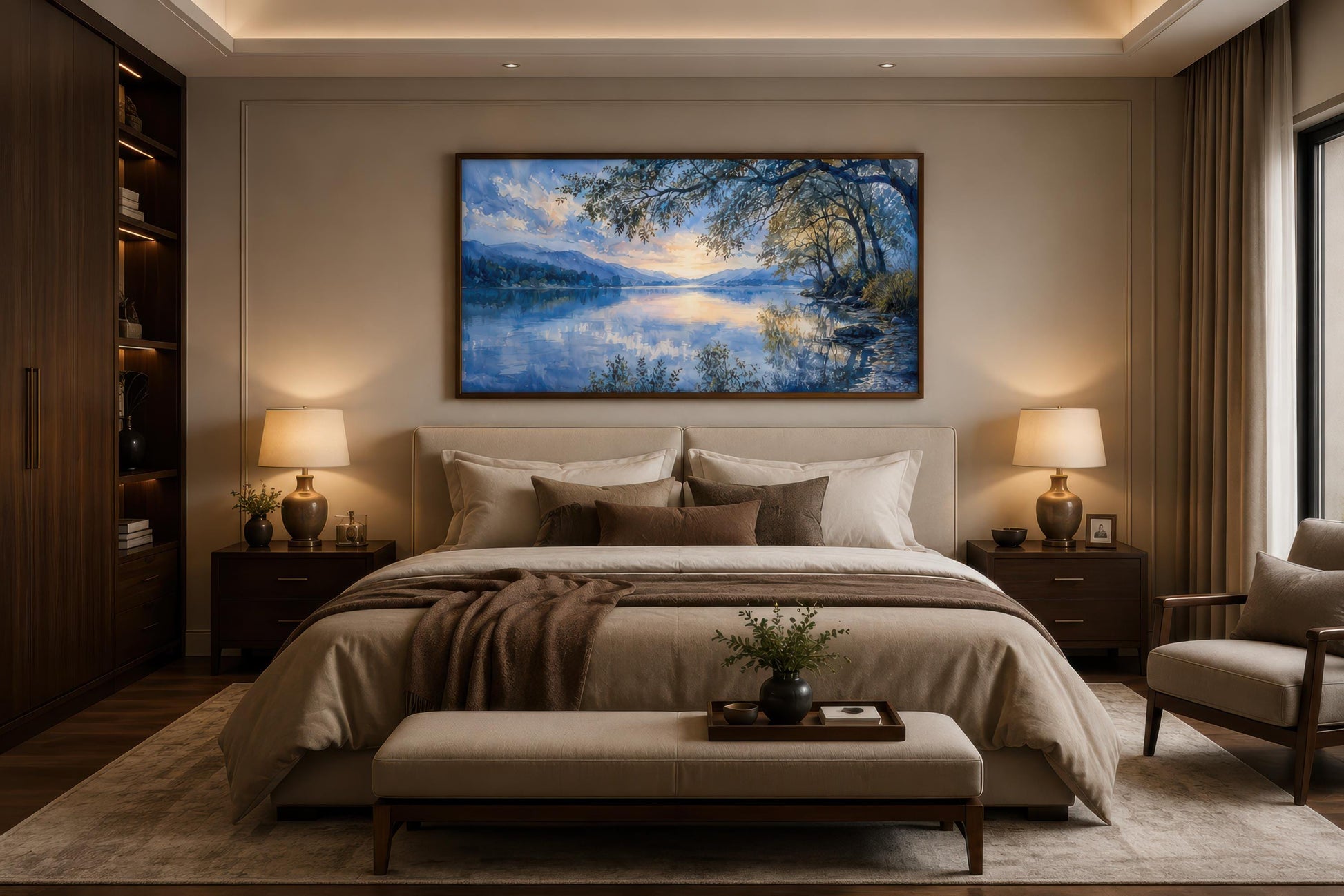 Lake House Wall Art – Blue Lake Painting Framed Canvas Print for Living Room Decor