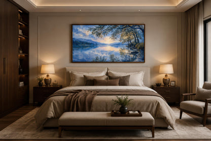 Lake House Wall Art – Blue Lake Painting Framed Canvas Print for Living Room Decor
