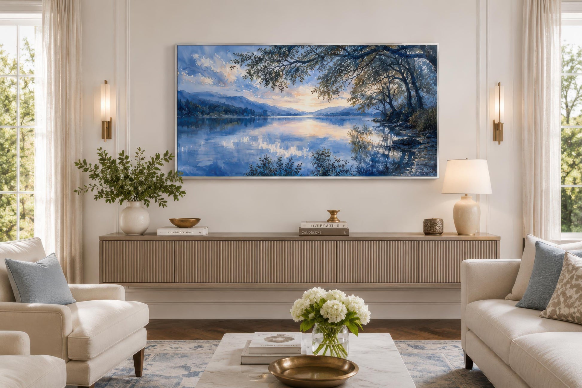 Lake House Wall Art – Blue Lake Painting Framed Canvas Print for Living Room Decor