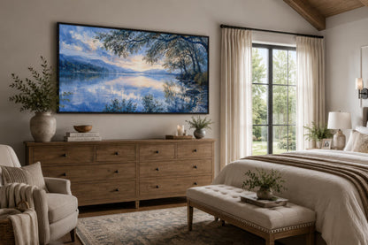 Lake House Wall Art – Blue Lake Painting Framed Canvas Print for Living Room Decor