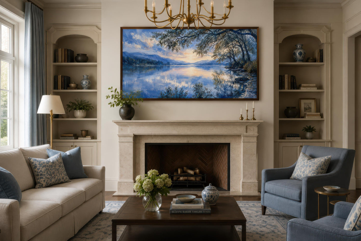 Lake House Wall Art – Blue Lake Painting Framed Canvas Print for Living Room Decor