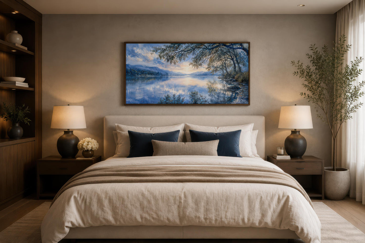 Lake House Wall Art – Blue Lake Painting Framed Canvas Print for Living Room Decor