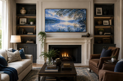 Lake House Wall Art – Blue Lake Painting Framed Canvas Print for Living Room Decor