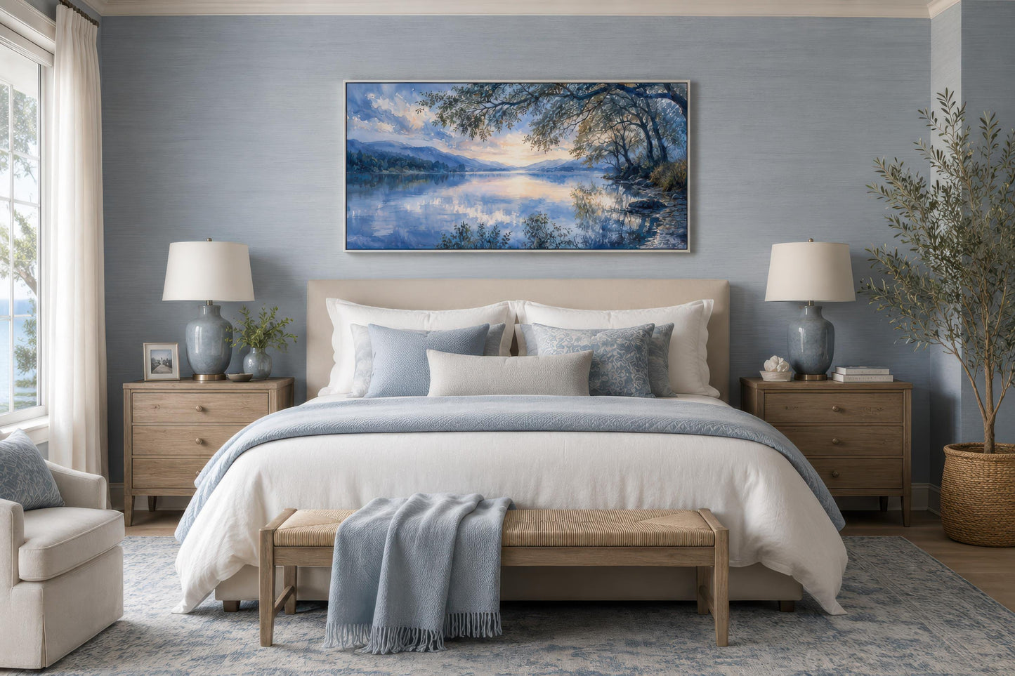 Lake House Wall Art – Blue Lake Painting Framed Canvas Print for Living Room Decor