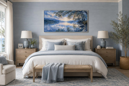 Lake House Wall Art – Blue Lake Painting Framed Canvas Print for Living Room Decor