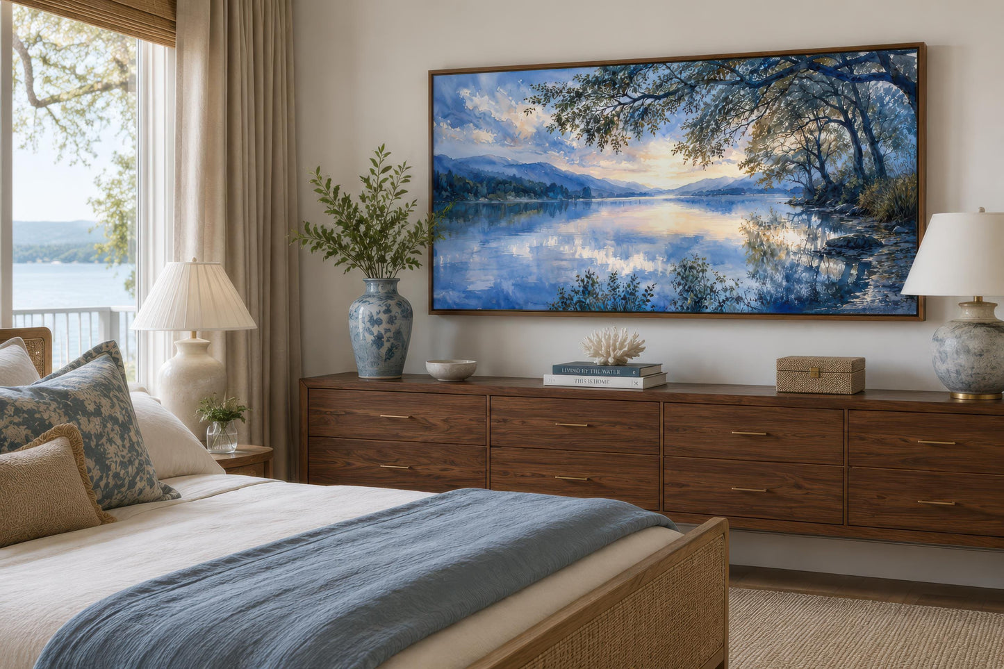 Lake House Wall Art – Blue Lake Painting Framed Canvas Print for Living Room Decor