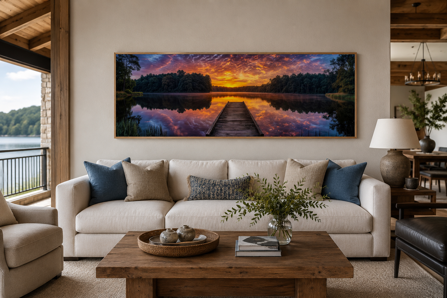 Lake Landscape With Fishing Pier At Sunset Horizontal Canvas Wall Art