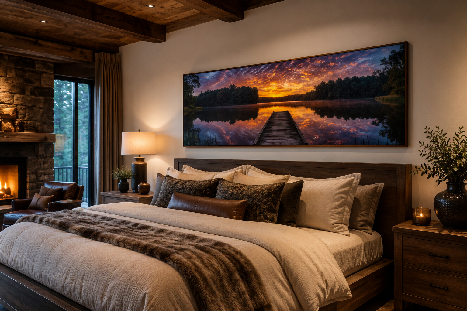 Lake Landscape With Fishing Pier At Sunset Horizontal Canvas Wall Art
