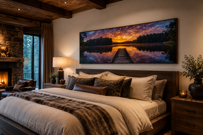 Lake Landscape With Fishing Pier At Sunset Horizontal Canvas Wall Art