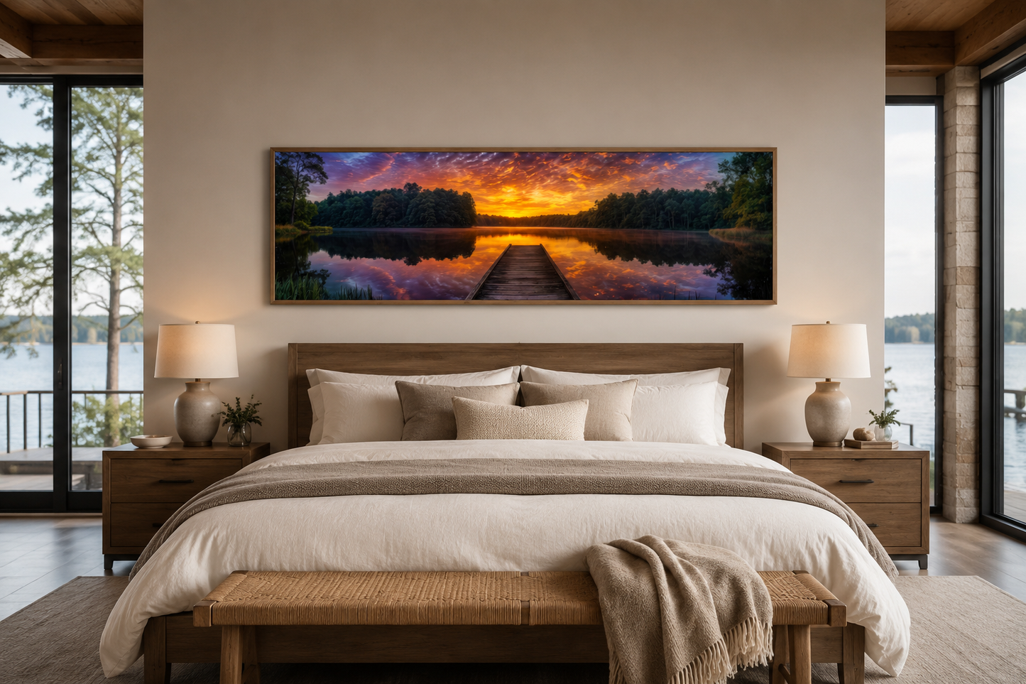 Lake Landscape With Fishing Pier At Sunset Horizontal Canvas Wall Art