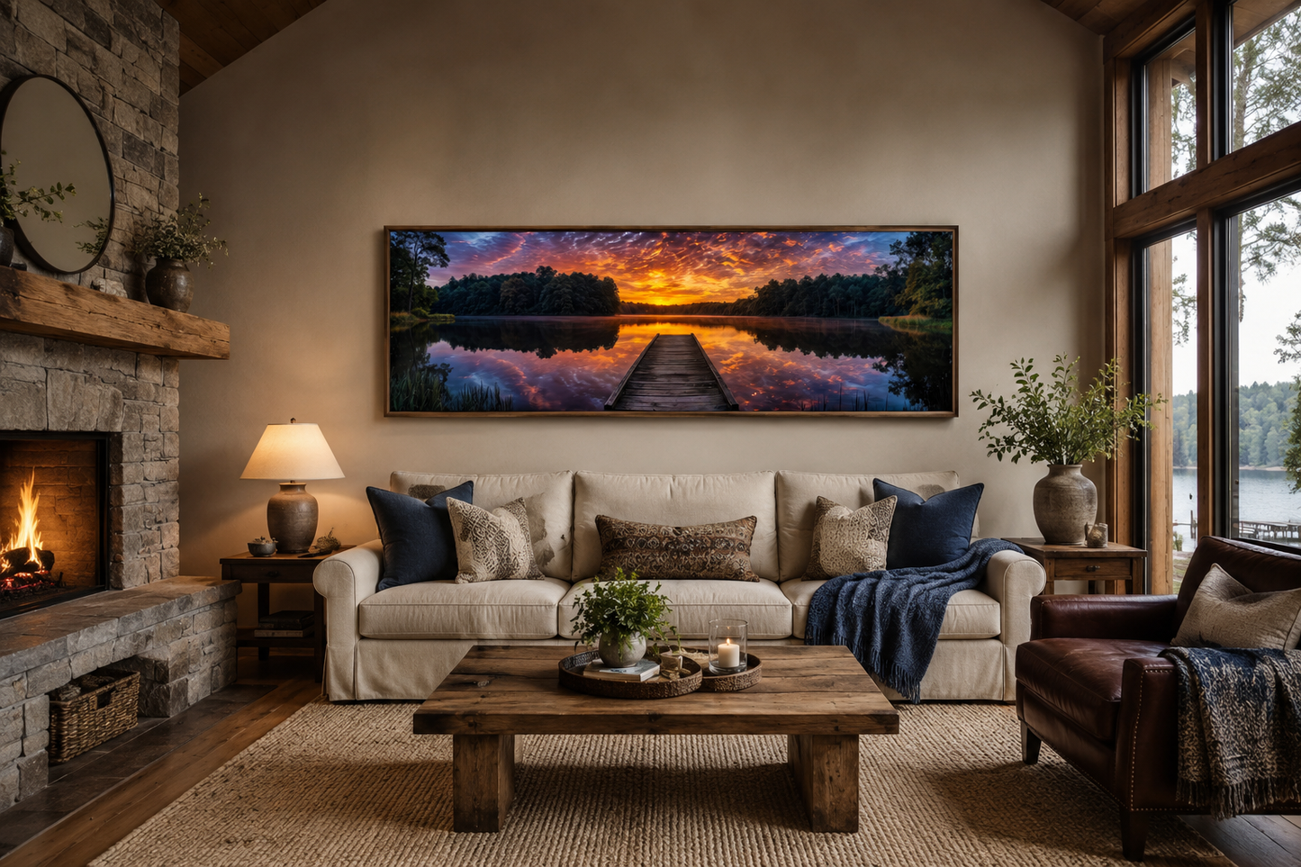 Lake Landscape With Fishing Pier At Sunset Horizontal Canvas Wall Art