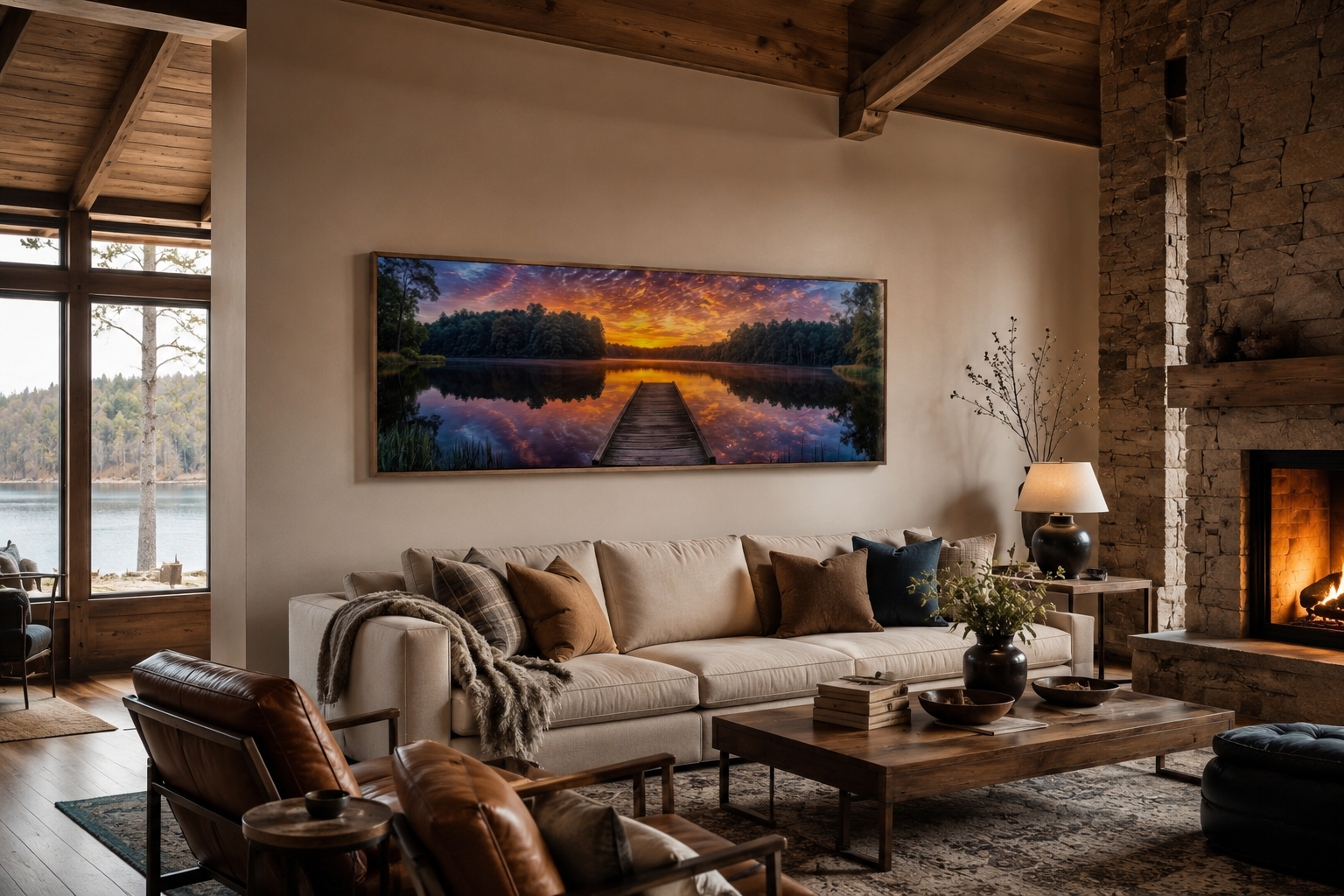 Lake Landscape With Fishing Pier At Sunset Horizontal Canvas Wall Art