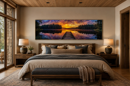 Lake Landscape With Fishing Pier At Sunset Horizontal Canvas Wall Art