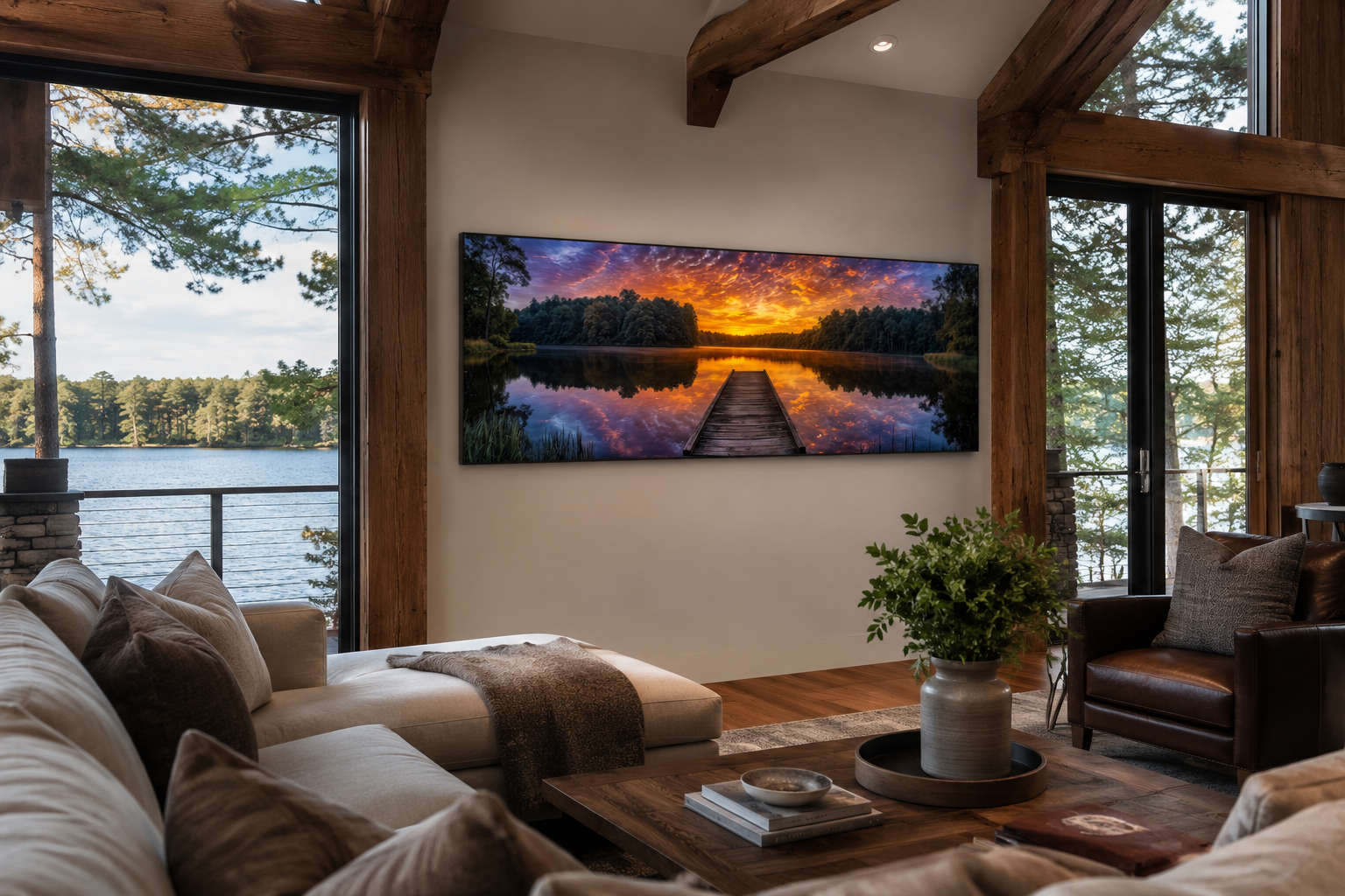 Lake Landscape With Fishing Pier At Sunset Horizontal Canvas Wall Art