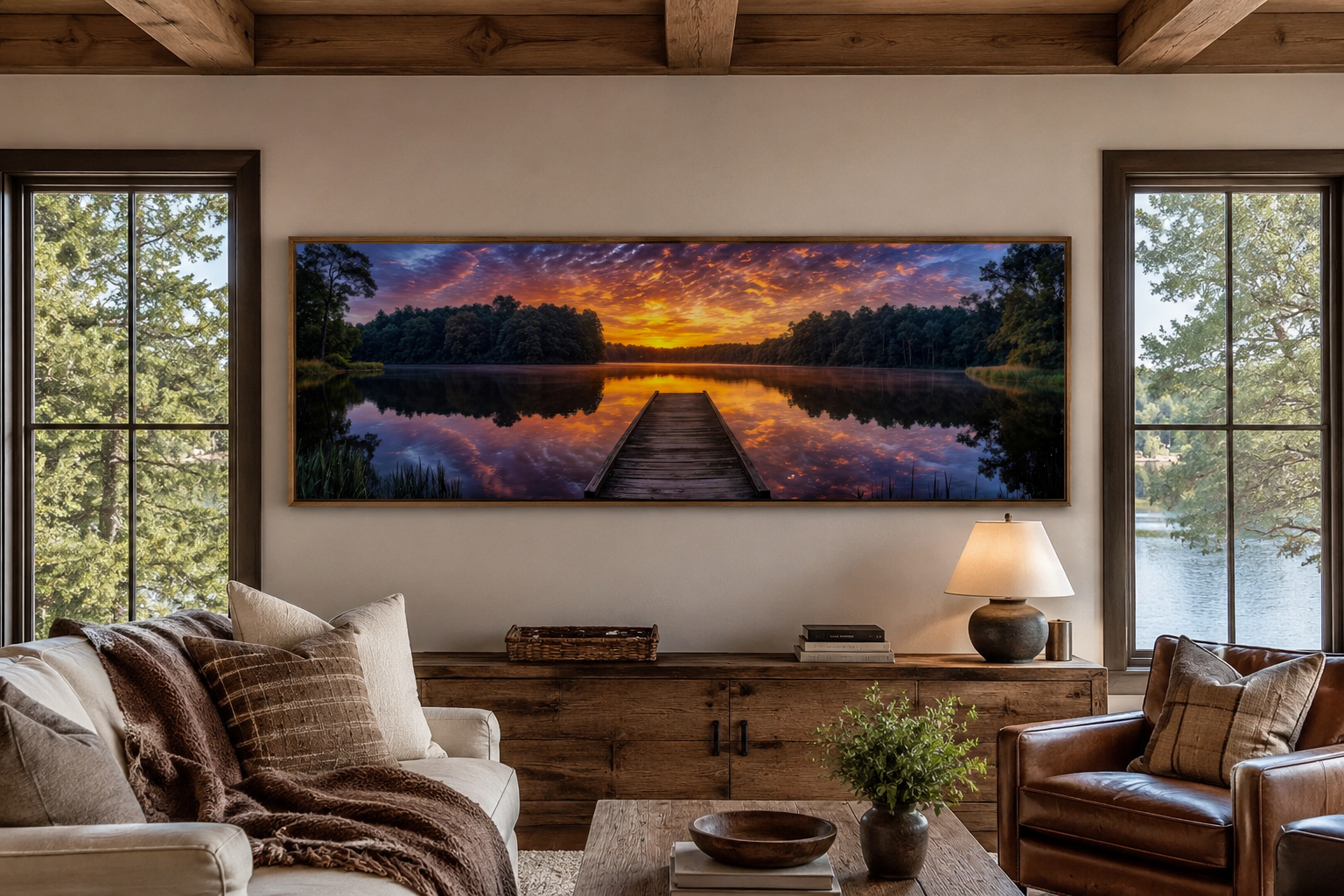 Lake Landscape With Fishing Pier At Sunset Horizontal Canvas Wall Art