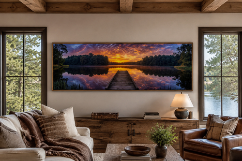 Lake Landscape With Fishing Pier At Sunset Horizontal Canvas Wall Art