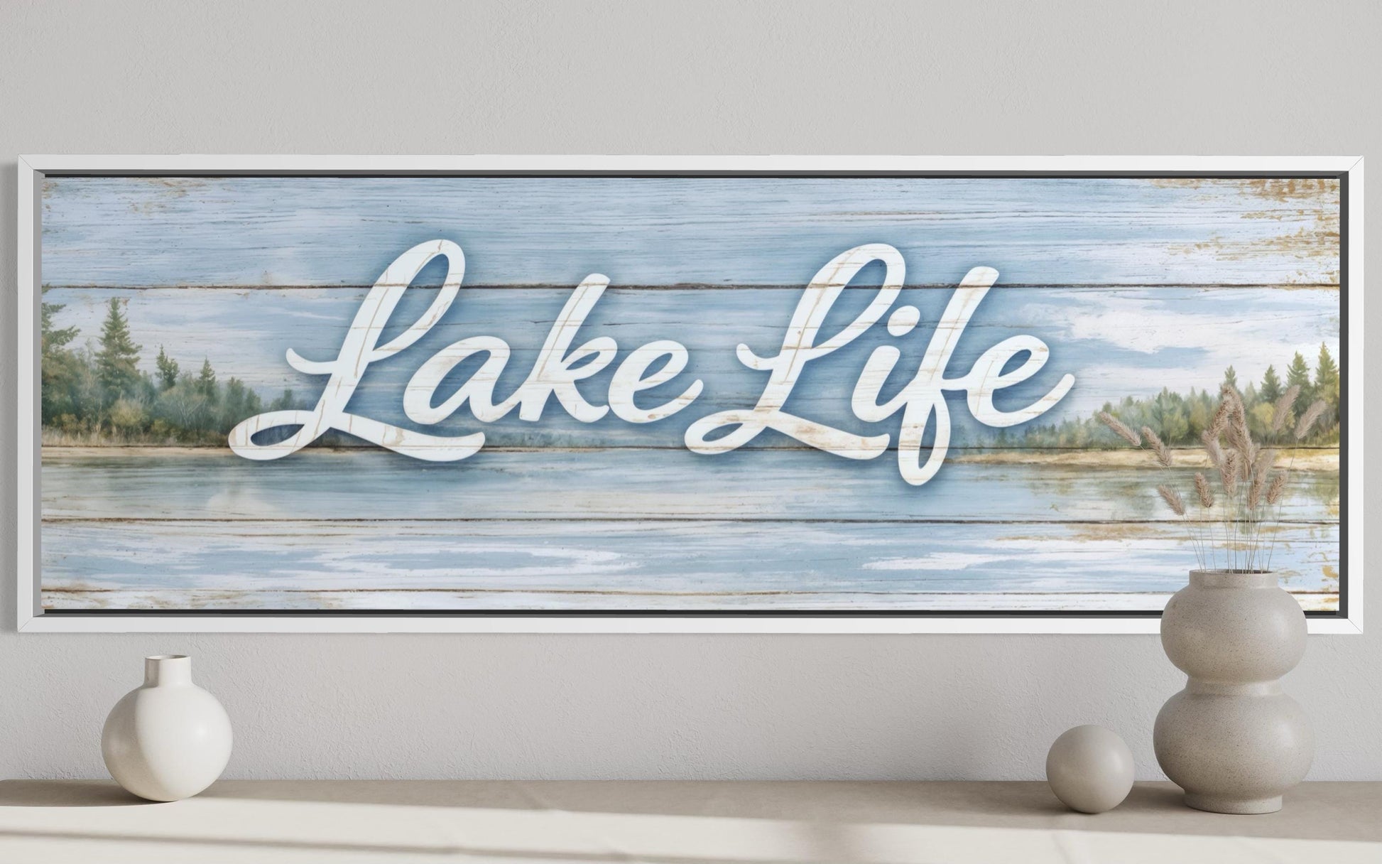 Lake Life Sign Wall Art – Large Horizontal Panoramic Canvas | Rustic Cabin Decor