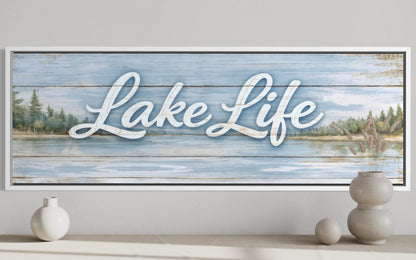 Lake Life Sign Wall Art – Large Horizontal Panoramic Canvas | Rustic Cabin Decor