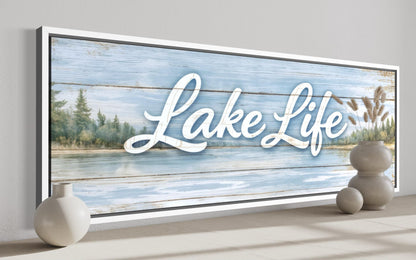 Lake Life Sign Wall Art – Large Horizontal Panoramic Canvas | Rustic Cabin Decor