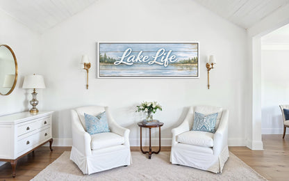 Lake Life Sign Wall Art – Large Horizontal Panoramic Canvas | Rustic Cabin Decor