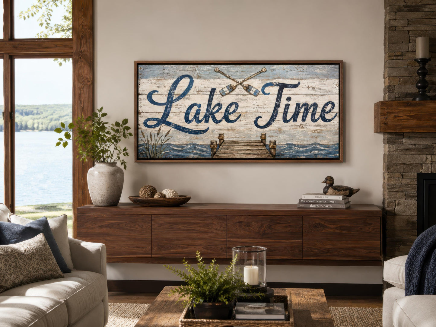 Lake Time Rustic Lake House Sign - Distressed Wood Look for Cabin or Cottage Canvas Wall Art