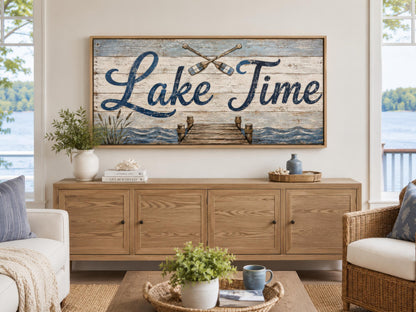 Lake Time Rustic Lake House Sign - Distressed Wood Look for Cabin or Cottage Canvas Wall Art