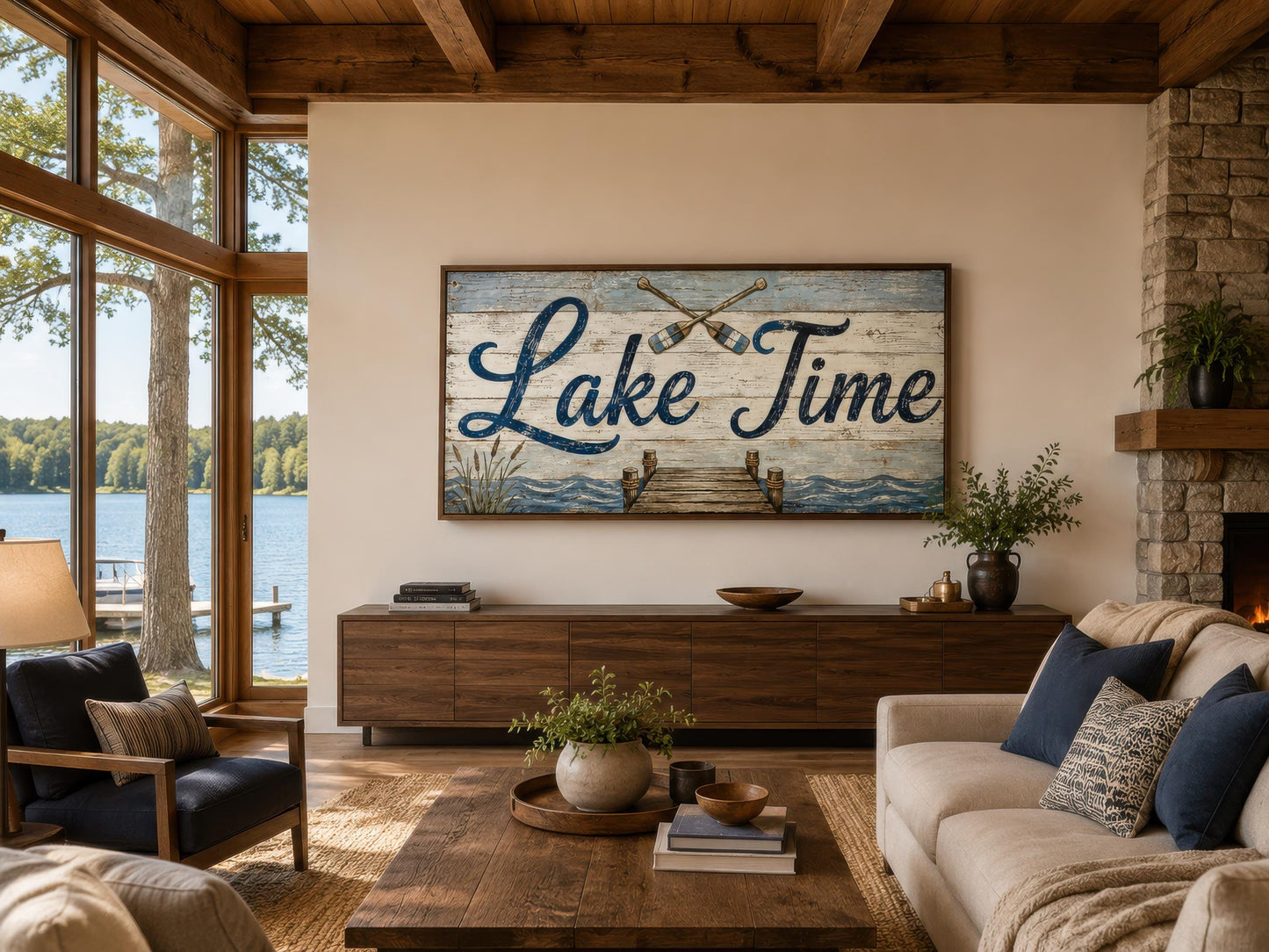 Lake Time Rustic Lake House Sign - Distressed Wood Look for Cabin or Cottage Canvas Wall Art