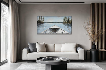 Lake View Wall Art – White Canoe Blue Landscape Canvas | Rustic Cabin Decor