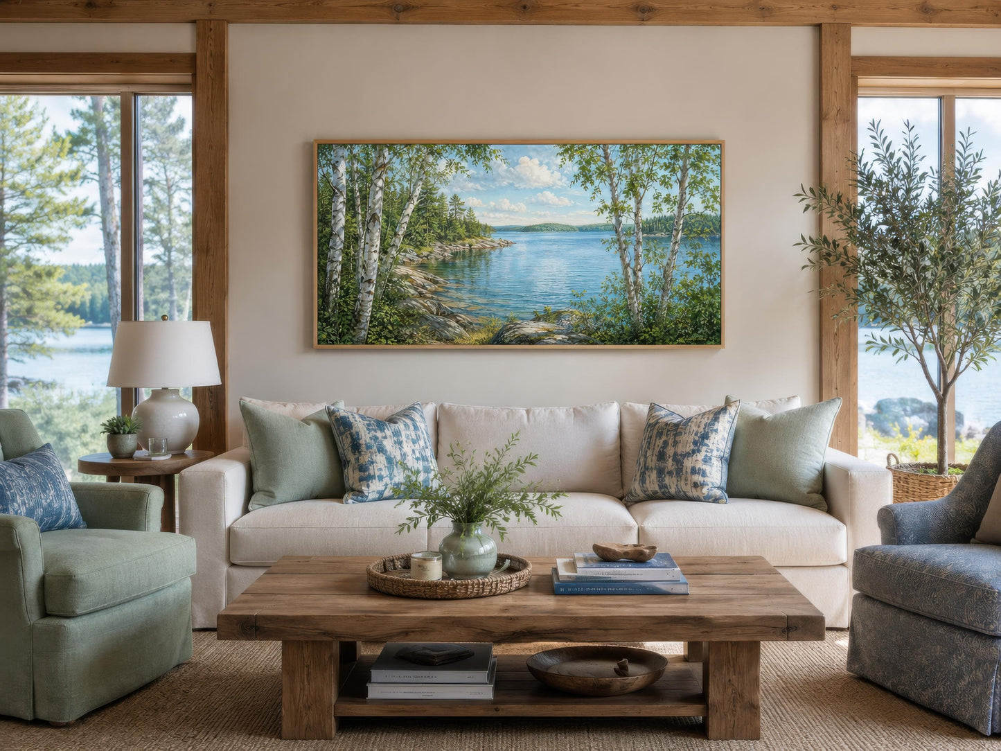 Lake Wall Art – Birch Tree Canvas Print for Lake House Living Room Decor