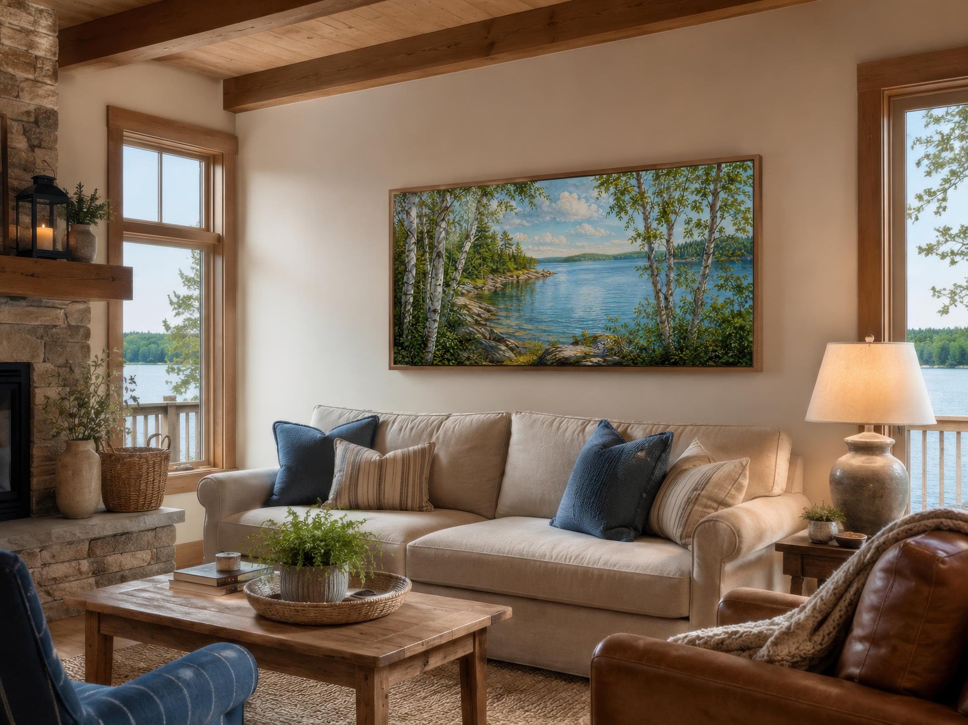 Lake Wall Art – Birch Tree Canvas Print for Lake House Living Room Decor