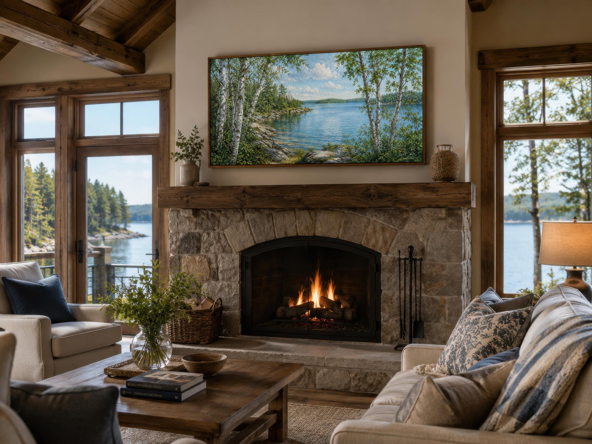 Lake Wall Art – Birch Tree Canvas Print for Lake House Living Room Decor