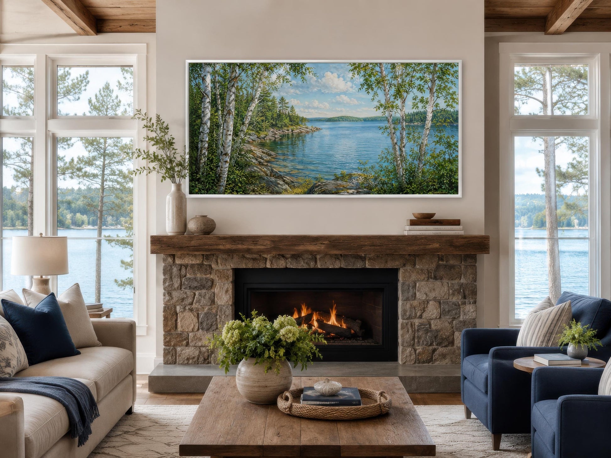 Lake Wall Art – Birch Tree Canvas Print for Lake House Living Room Decor