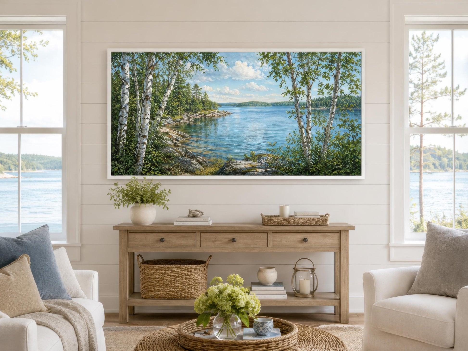 Lake Wall Art – Birch Tree Canvas Print for Lake House Living Room Decor