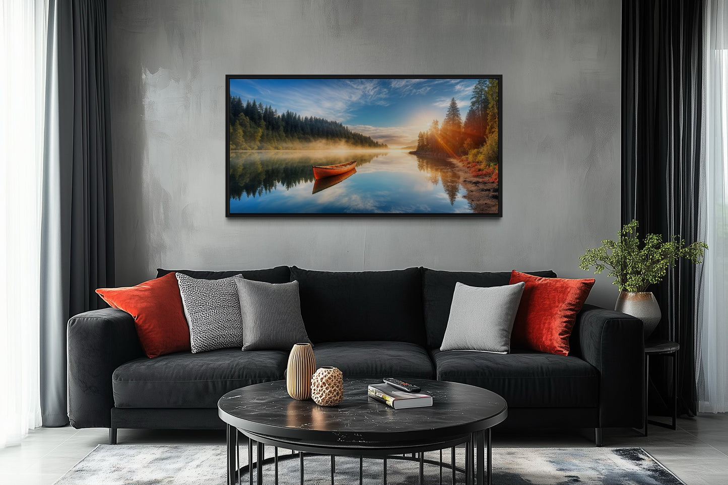 Lake With Red Canoe Wall Art – Framed Canvas Print for Rustic Lake House Decor