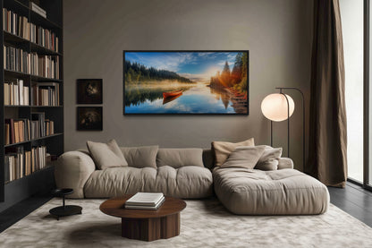 Lake With Red Canoe Wall Art – Framed Canvas Print for Rustic Lake House Decor