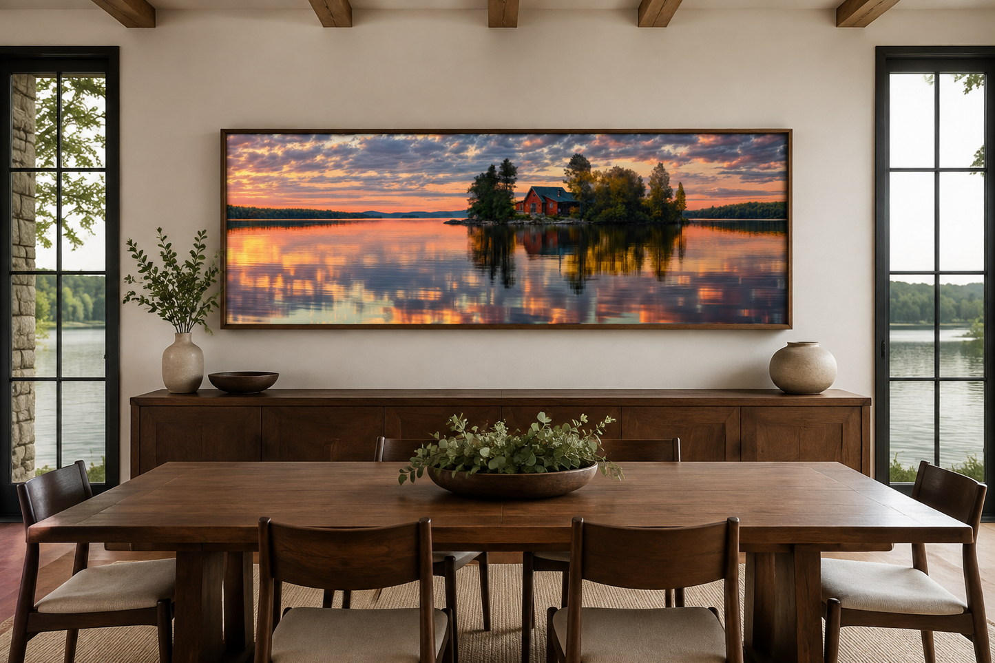 Cabin in The Lake Landscape At Sunset Long Horizontal Framed Canvas Wall Art for Lake House Decor