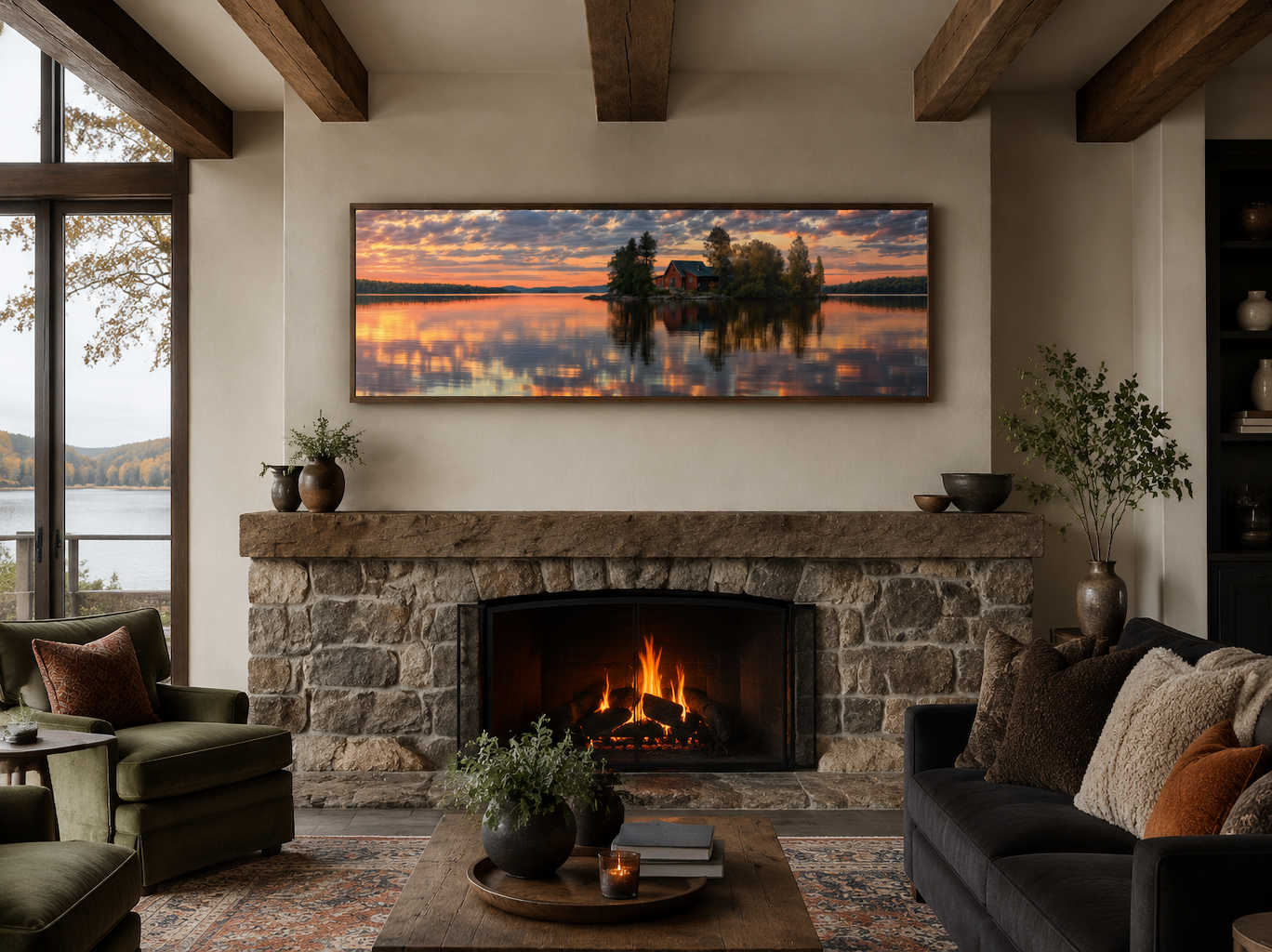 Cabin in The Lake Landscape At Sunset Long Horizontal Framed Canvas Wall Art for Lake House Decor
