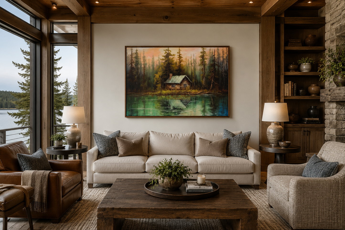 Rustic Lake And Cabin Framed Canvas Wall Art For Lake House