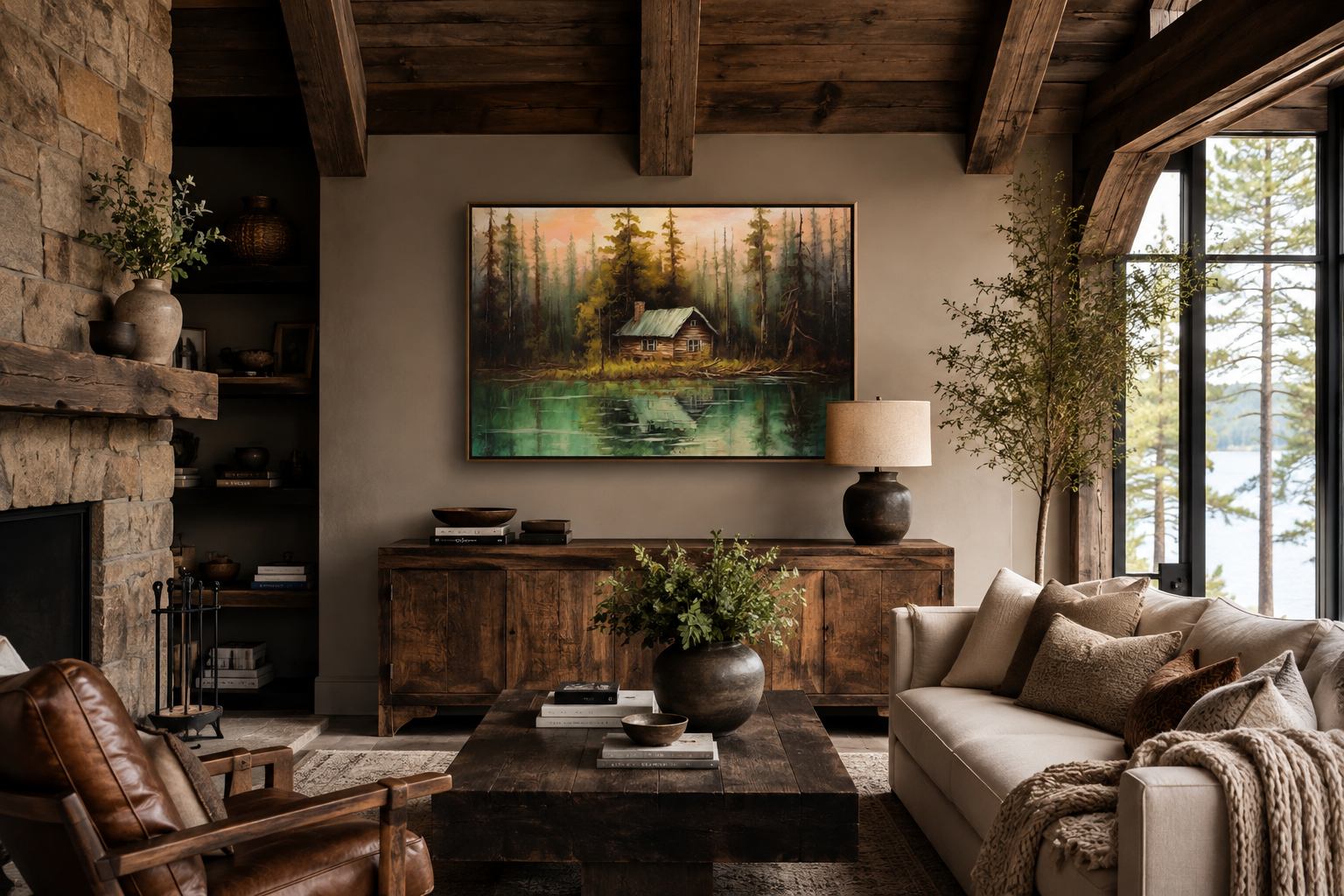 Rustic Lake And Cabin Framed Canvas Wall Art For Lake House