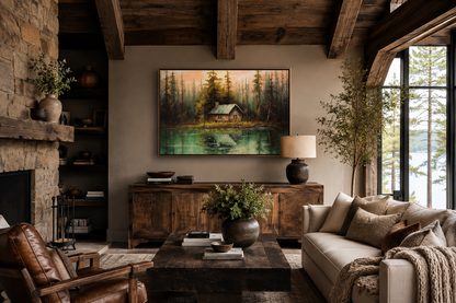Rustic Lake And Cabin Framed Canvas Wall Art For Lake House