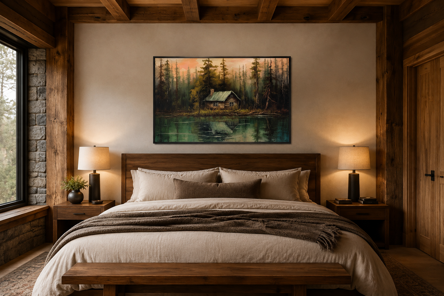 Rustic Lake And Cabin Framed Canvas Wall Art For Lake House