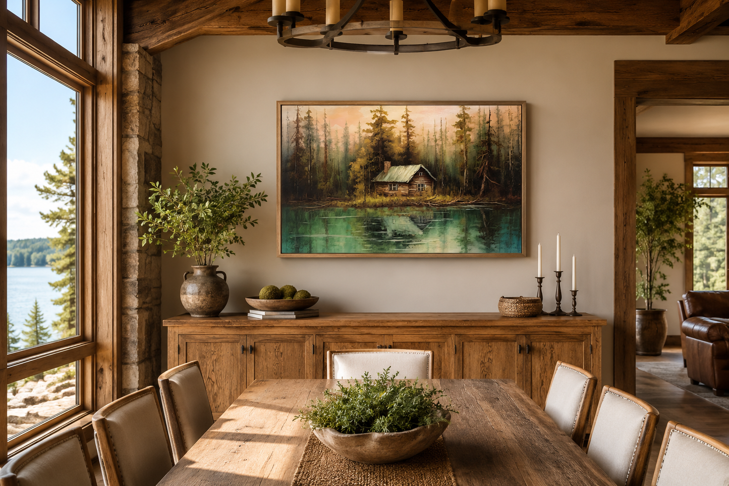 Rustic Lake And Cabin Framed Canvas Wall Art For Lake House